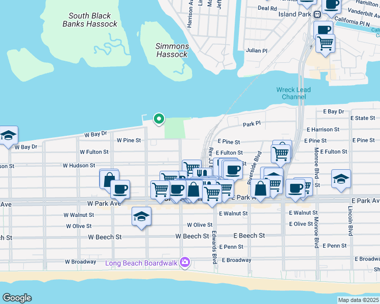 map of restaurants, bars, coffee shops, grocery stores, and more near 502 National Boulevard in Long Beach