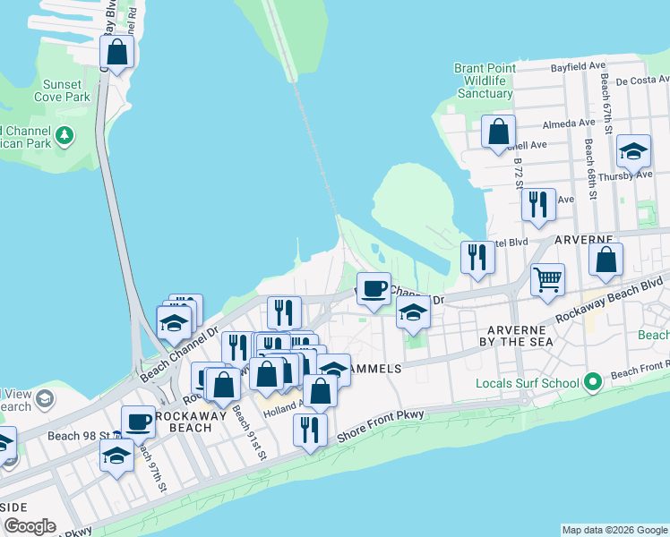 map of restaurants, bars, coffee shops, grocery stores, and more near 352D Beach 84th Street in Queens