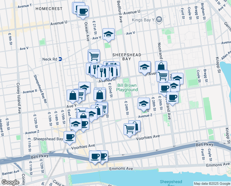 map of restaurants, bars, coffee shops, grocery stores, and more near 2464 East 23rd Street in Brooklyn