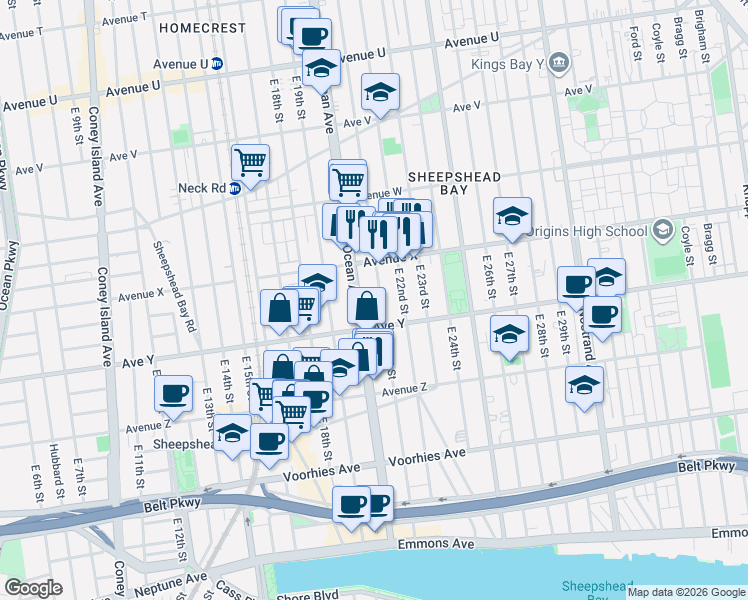 map of restaurants, bars, coffee shops, grocery stores, and more near 2499 East 21st Street in Brooklyn