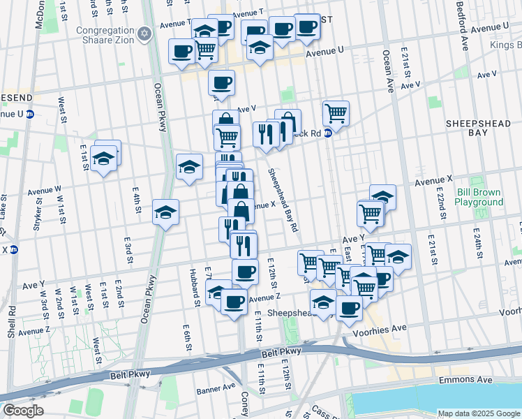 map of restaurants, bars, coffee shops, grocery stores, and more near 2402 East 12th Street in Brooklyn