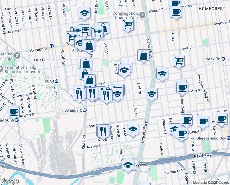 map of restaurants, bars, coffee shops, grocery stores, and more near 2352 East 1st Street in Brooklyn