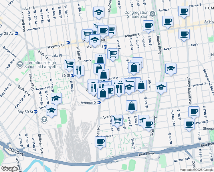 map of restaurants, bars, coffee shops, grocery stores, and more near 6 Stryker Court in Brooklyn