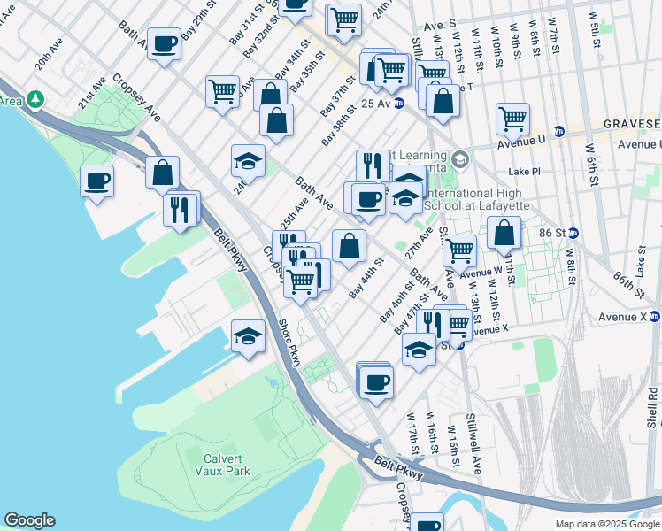 map of restaurants, bars, coffee shops, grocery stores, and more near 2570 Harway Avenue in Brooklyn