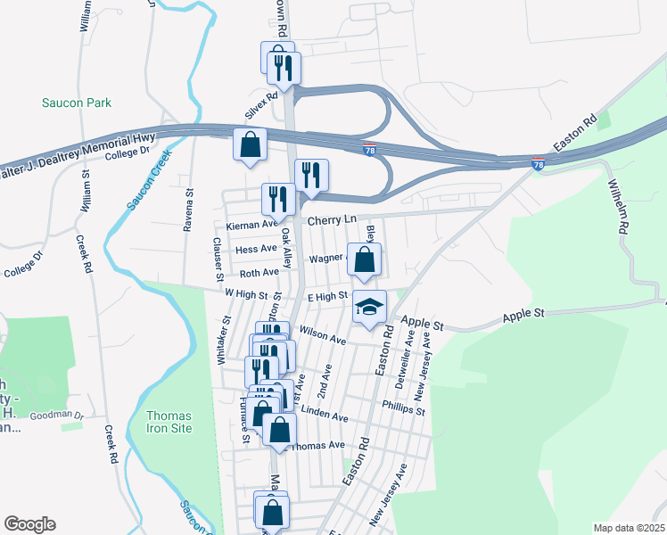 map of restaurants, bars, coffee shops, grocery stores, and more near 1550 Burkhardt Street in Hellertown