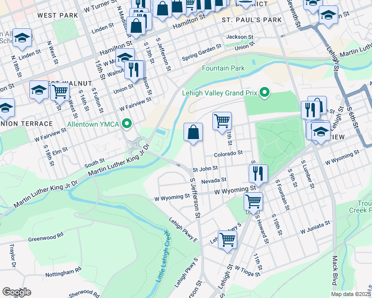map of restaurants, bars, coffee shops, grocery stores, and more near 810 South Jefferson Street in Allentown
