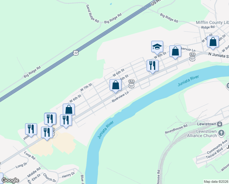 map of restaurants, bars, coffee shops, grocery stores, and more near 839 West 4th Street in Lewistown