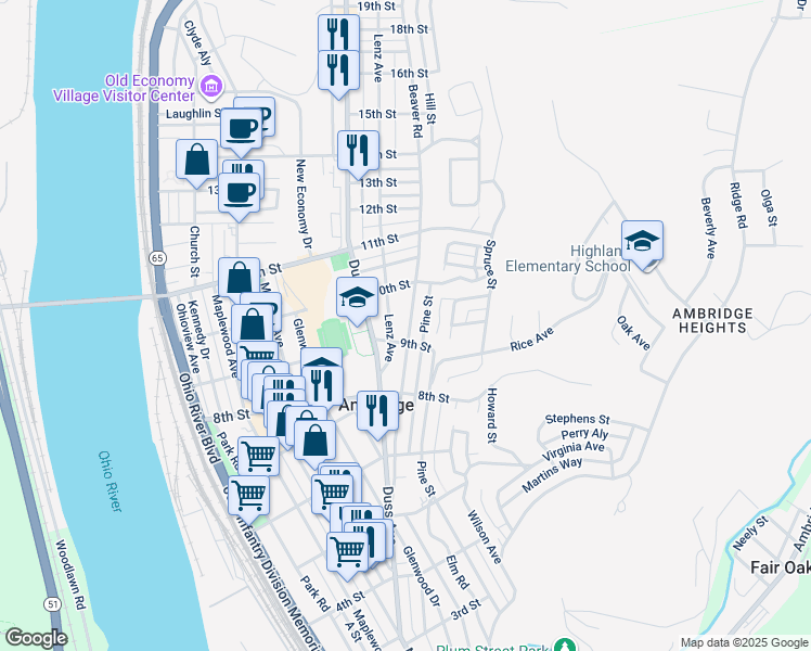 map of restaurants, bars, coffee shops, grocery stores, and more near 907 Lenz Avenue in Ambridge
