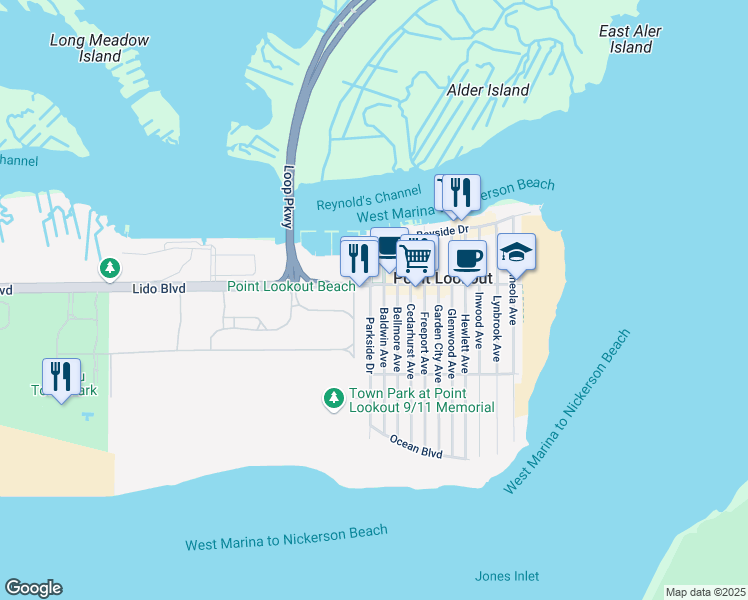 map of restaurants, bars, coffee shops, grocery stores, and more near 54 Parkside Road Drive in Point Lookout