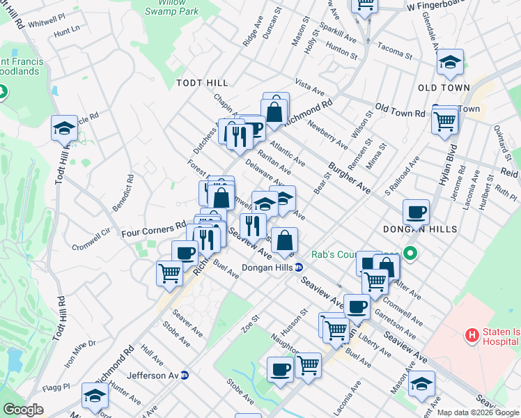 map of restaurants, bars, coffee shops, grocery stores, and more near 83 Cromwell Avenue in Staten Island