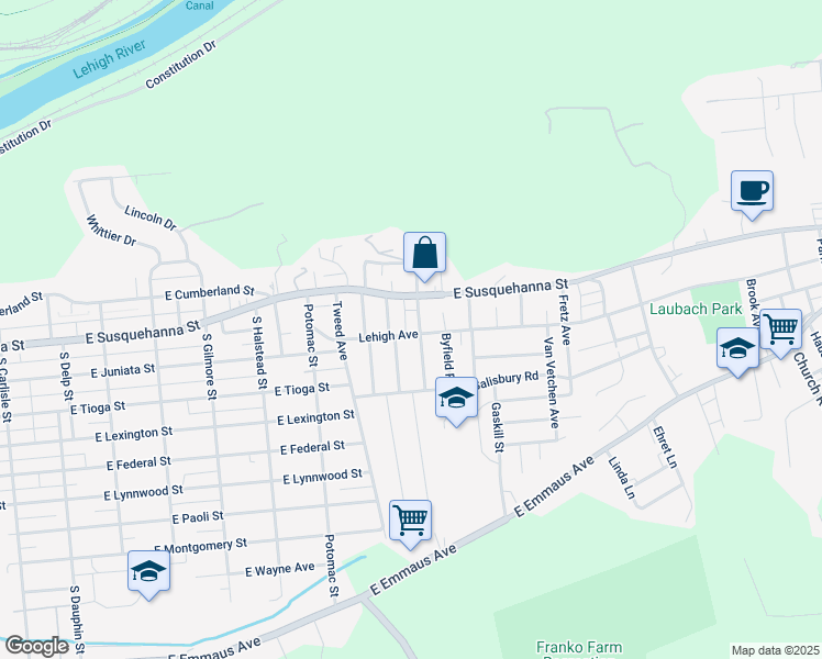 map of restaurants, bars, coffee shops, grocery stores, and more near 1242 Fairfax Street in Allentown