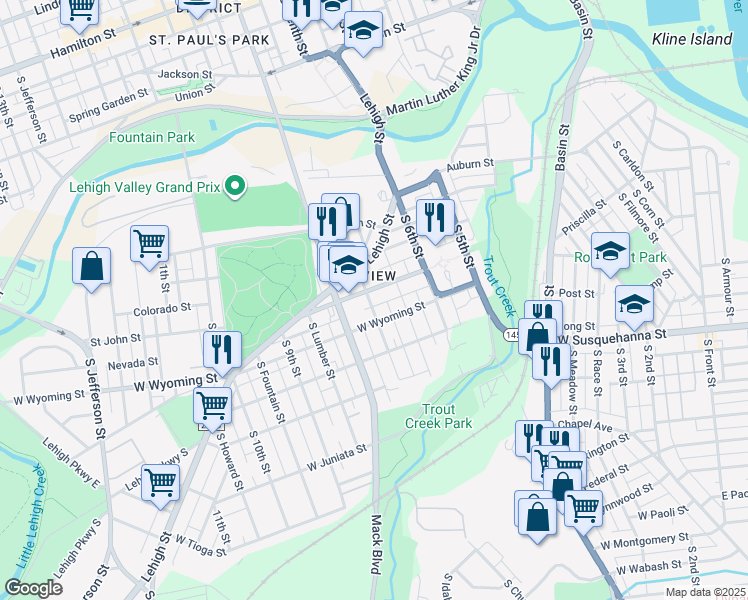 map of restaurants, bars, coffee shops, grocery stores, and more near 748 Saint John Street in Allentown