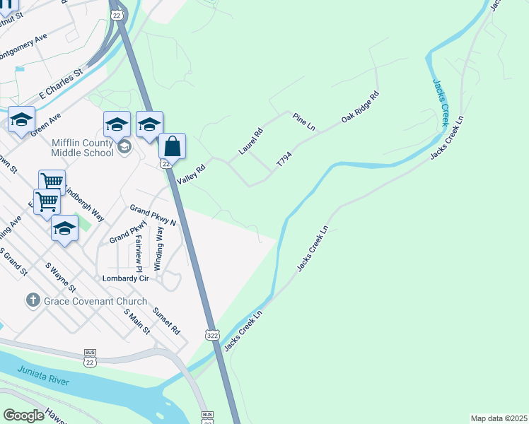 map of restaurants, bars, coffee shops, grocery stores, and more near 67 Mary Lane in Lewistown