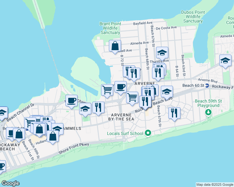 map of restaurants, bars, coffee shops, grocery stores, and more near 321 Beach 73rd Street in Queens