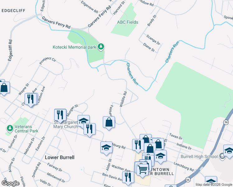 map of restaurants, bars, coffee shops, grocery stores, and more near 402 Hartford Square in Lower Burrell