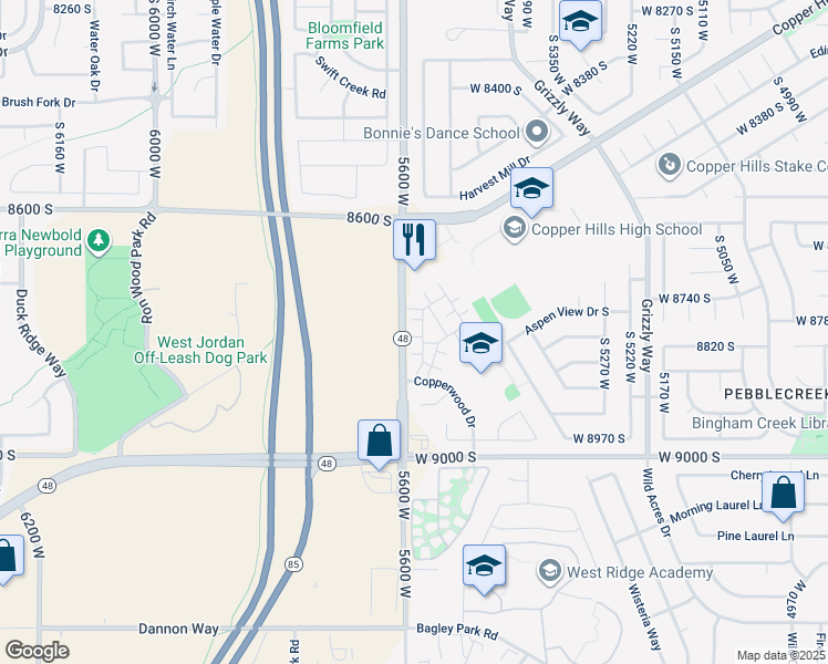 map of restaurants, bars, coffee shops, grocery stores, and more near 5582 Washoe Cove in West Jordan