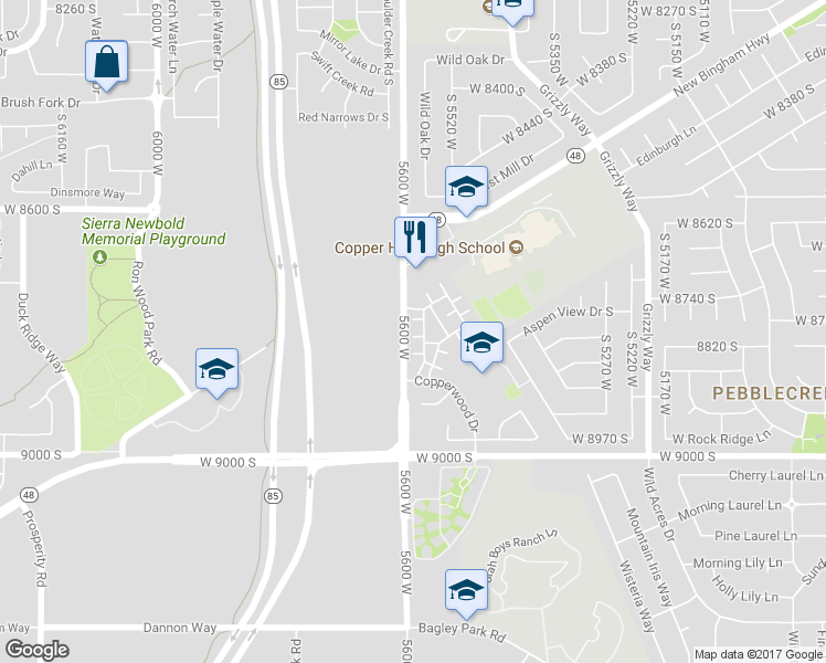 map of restaurants, bars, coffee shops, grocery stores, and more near 5586 Washoe Cove in West Jordan