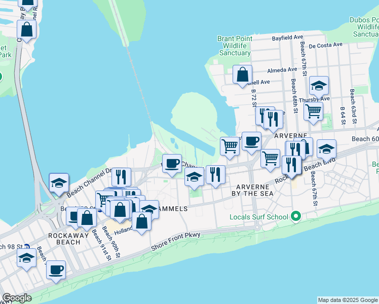 map of restaurants, bars, coffee shops, grocery stores, and more near 3-66 Beach 80th Street in Queens