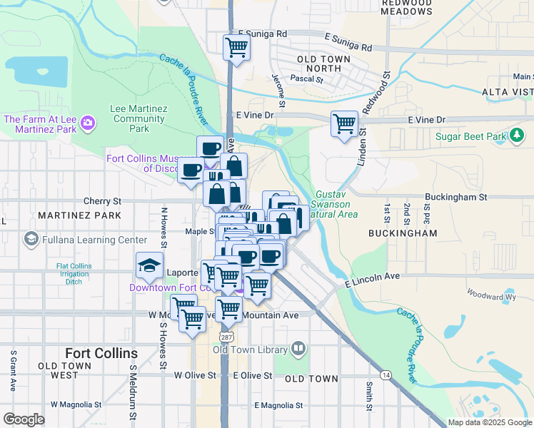 map of restaurants, bars, coffee shops, grocery stores, and more near 220 Willow Street in Fort Collins