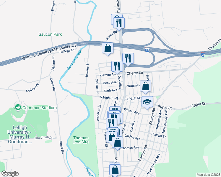map of restaurants, bars, coffee shops, grocery stores, and more near 127 Roth Avenue in Hellertown