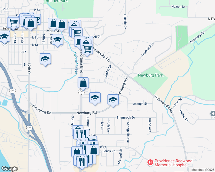 map of restaurants, bars, coffee shops, grocery stores, and more near 2401 Newburg Road in Fortuna