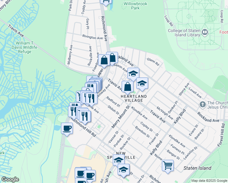 map of restaurants, bars, coffee shops, grocery stores, and more near 787 Klondike Avenue in Staten Island