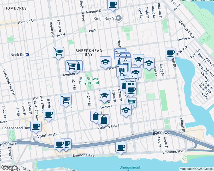 map of restaurants, bars, coffee shops, grocery stores, and more near 2701 Avenue Y in Brooklyn
