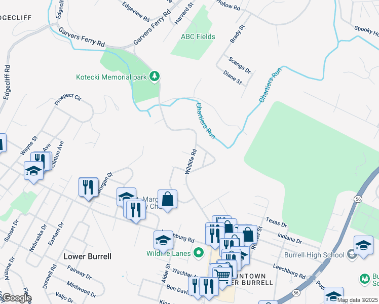 map of restaurants, bars, coffee shops, grocery stores, and more near 414 Hartford Square in Lower Burrell