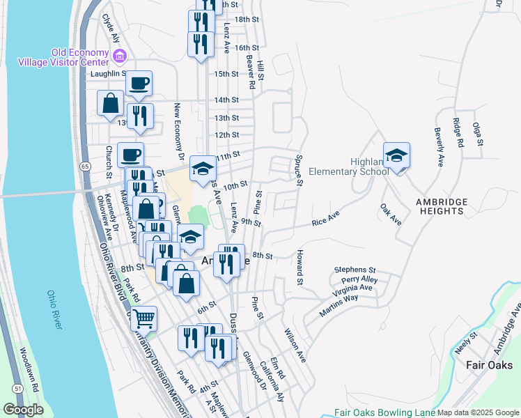 map of restaurants, bars, coffee shops, grocery stores, and more near 921 Pine Street in Ambridge