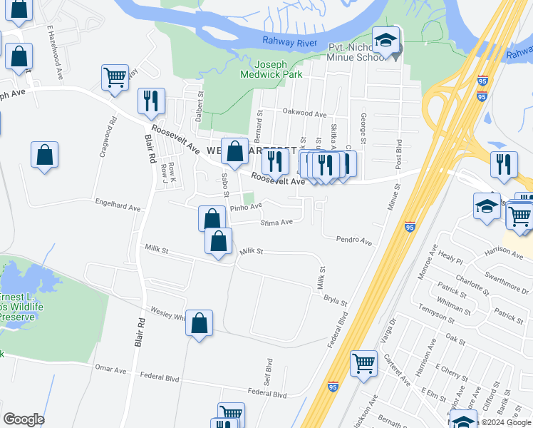 map of restaurants, bars, coffee shops, grocery stores, and more near 6 Sczkurka Place in Carteret