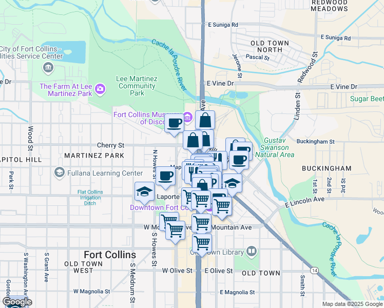 map of restaurants, bars, coffee shops, grocery stores, and more near in Fort Collins
