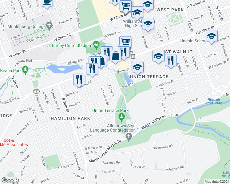 map of restaurants, bars, coffee shops, grocery stores, and more near 2044 Union Street in Allentown