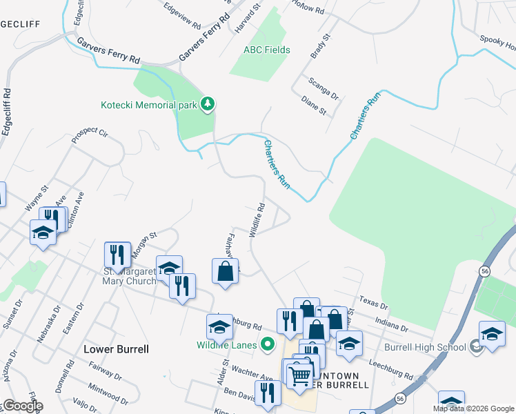 map of restaurants, bars, coffee shops, grocery stores, and more near 406 Hartford Square in Lower Burrell