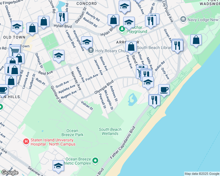 map of restaurants, bars, coffee shops, grocery stores, and more near 22 Andrews Street in Staten Island