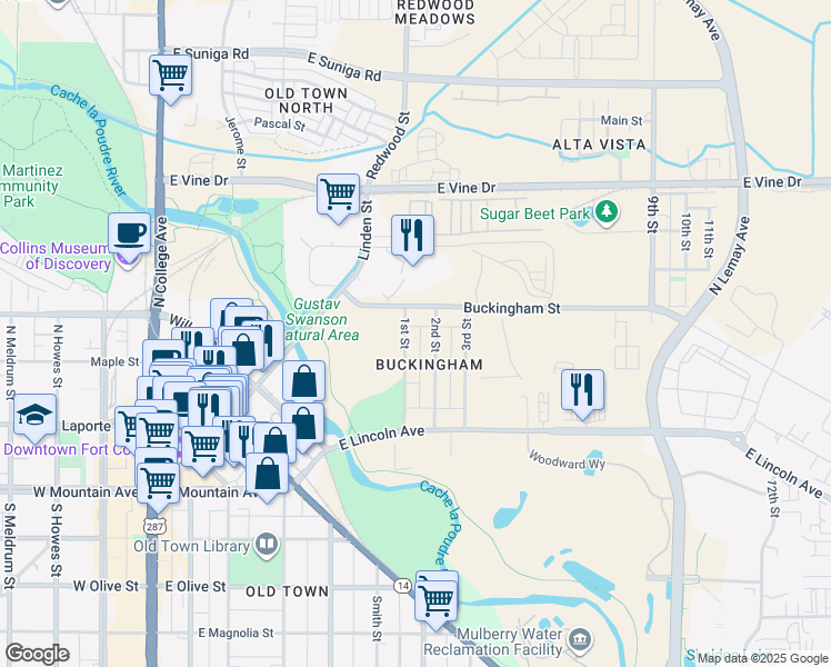 map of restaurants, bars, coffee shops, grocery stores, and more near 224 1st Street in Fort Collins