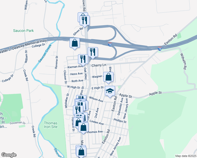 map of restaurants, bars, coffee shops, grocery stores, and more near 1549 Burkhardt Street in Hellertown