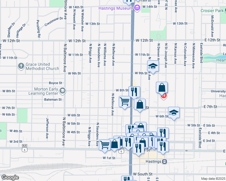 map of restaurants, bars, coffee shops, grocery stores, and more near North Bellevue Avenue in Hastings