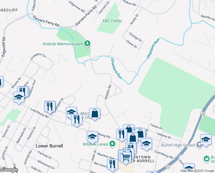map of restaurants, bars, coffee shops, grocery stores, and more near 402 Hartford Square in Lower Burrell
