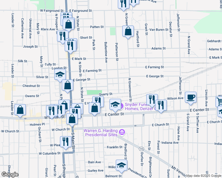 map of restaurants, bars, coffee shops, grocery stores, and more near 227 Patterson Street in Marion