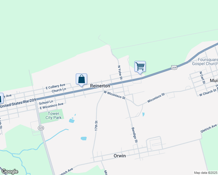 map of restaurants, bars, coffee shops, grocery stores, and more near 1720 East Grand Avenue in Tower City