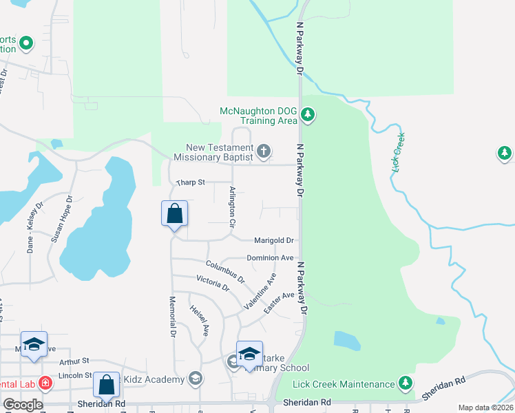 map of restaurants, bars, coffee shops, grocery stores, and more near 2421 Delaware Street in Pekin