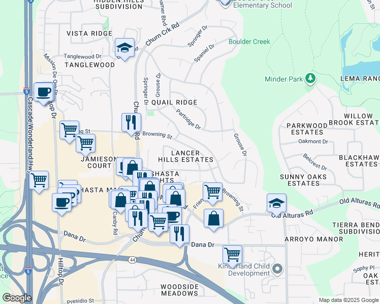 map of restaurants, bars, coffee shops, grocery stores, and more near 1042 Burton Drive in Redding