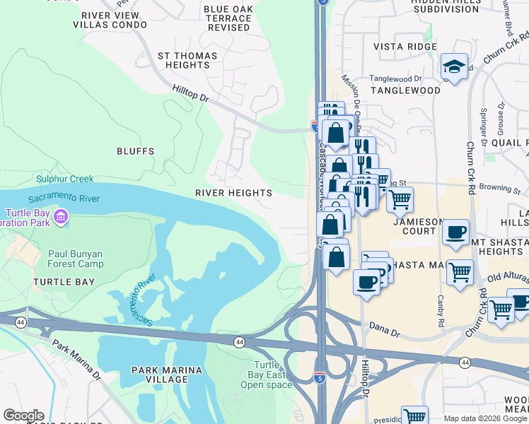 map of restaurants, bars, coffee shops, grocery stores, and more near 988 River Bend Road in Redding