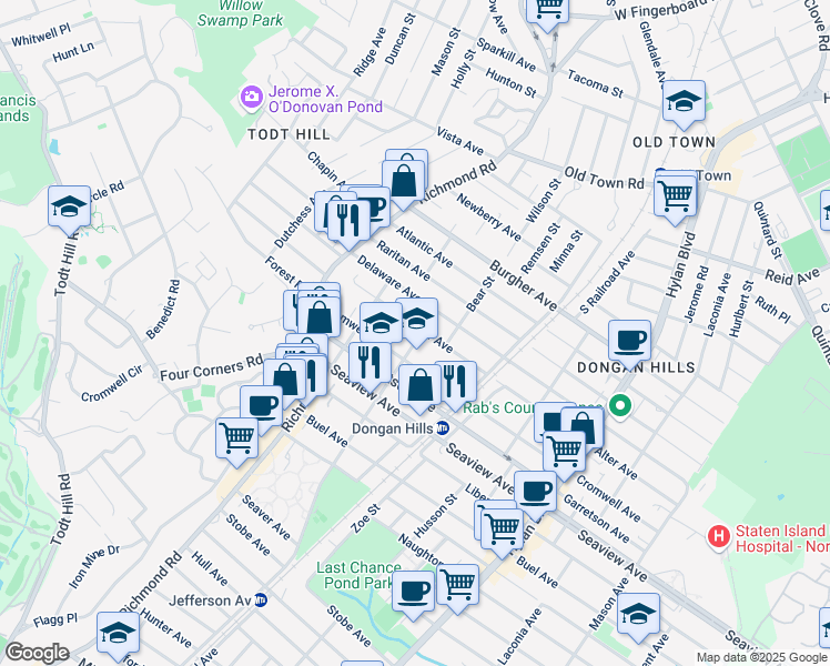 map of restaurants, bars, coffee shops, grocery stores, and more near 98 Alter Avenue in Staten Island