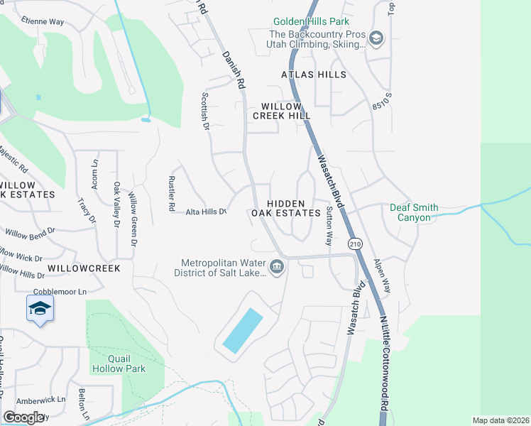 map of restaurants, bars, coffee shops, grocery stores, and more near 8772 Hidden Oak Drive in Cottonwood Heights