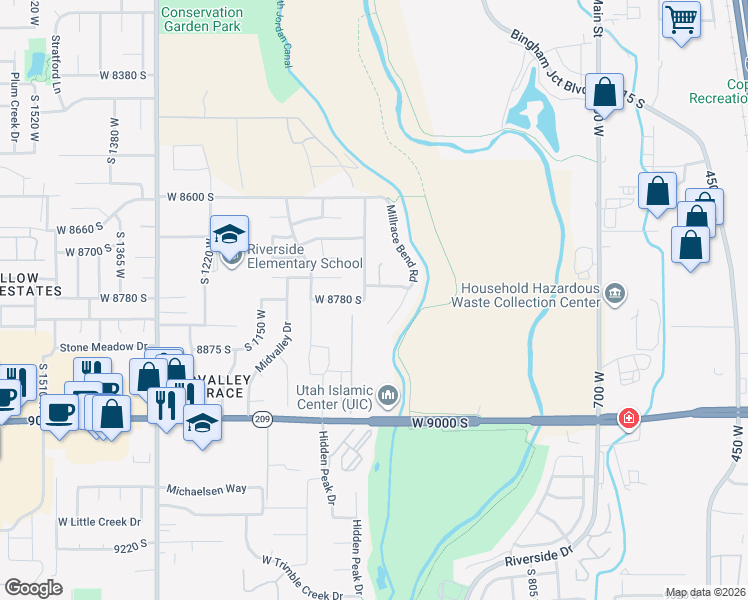 map of restaurants, bars, coffee shops, grocery stores, and more near 8804 West Millrace View Circle in West Jordan