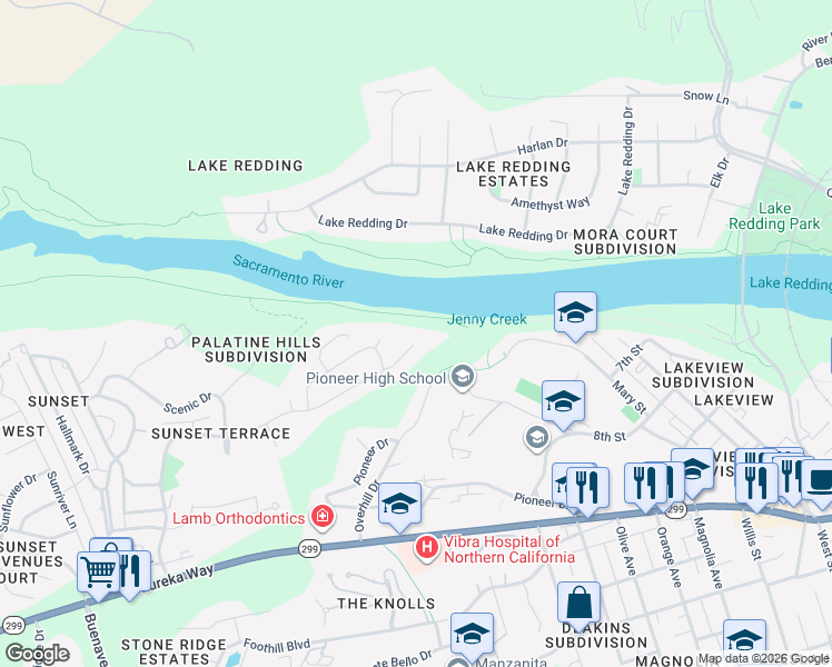 map of restaurants, bars, coffee shops, grocery stores, and more near 413 Arbor Place in Redding
