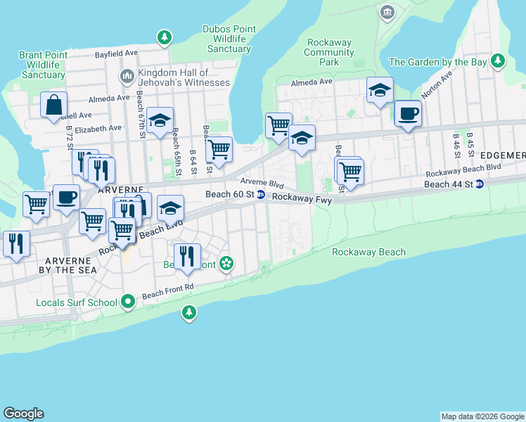 map of restaurants, bars, coffee shops, grocery stores, and more near 1-84 Beach 60th Street in Queens