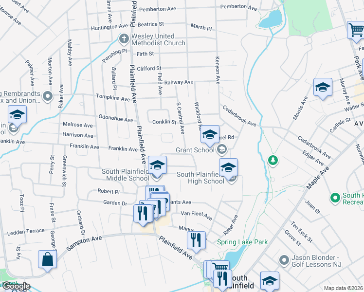 map of restaurants, bars, coffee shops, grocery stores, and more near 177 North Madison Drive in South Plainfield