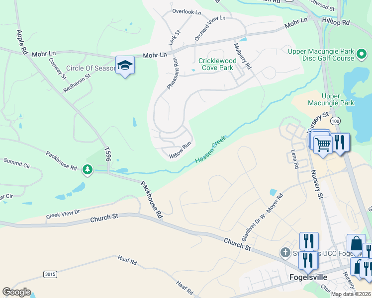map of restaurants, bars, coffee shops, grocery stores, and more near 8336 Willow Run in Fogelsville